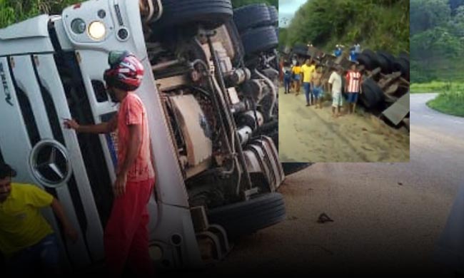 VÍDEO Carreta tomba no entroncamento da rodovia BA 120 e carga é